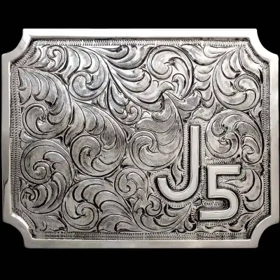 A custom square silver western belt buckle featuring a ranch brand custom logo